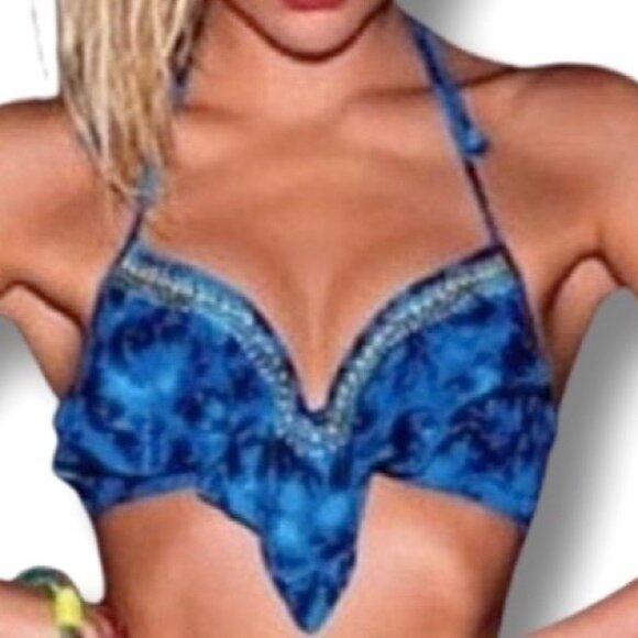 PINK Blue Tie Dye Embroidered Trim Ruffle Underwire Push Up Bikini Top Sz Large - Picture 1 of 8